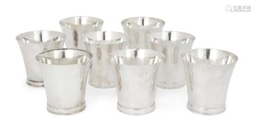 TWO SETS OF FOUR SILVER CUPS DESIGNED AS REPLICAS OF A CHARL...