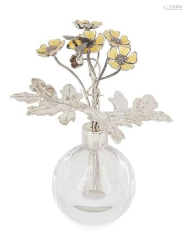 A SILVER AND YELLOW ENAMEL BOUQUET OF FLOWERS WITH BUMBLEBEE...