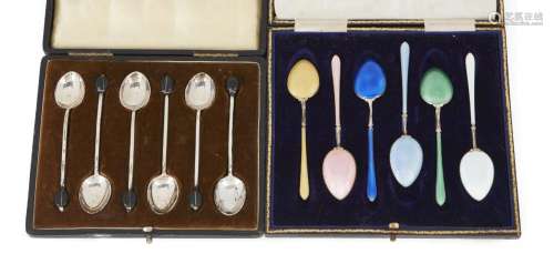 A CASED SET OF NORWEGIAN GUILLOCHÉ ENAMELLED COFFEE SPOONS, ...