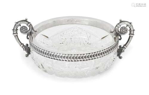 A RUSSIAN SILVER AND CUT GLASS TWIN-HANDLED BOWL, MOSCOW, 19...