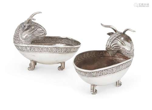 A PAIR OF FIGURAL RAM'S HEAD DISHES, WHITE METAL, THE OV...