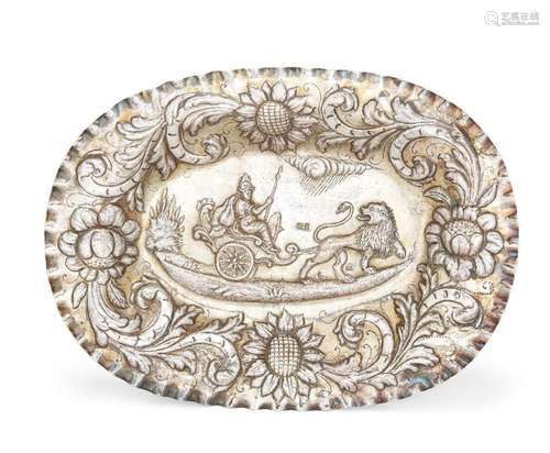 A CONTINENTAL REPOUSSE SILVER DISH, POSSIBLY 18TH CENTURY, S...