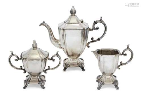 A THREE PIECE SILVER PLATED COFFEE SERVICE COMPRISING COFFEE...