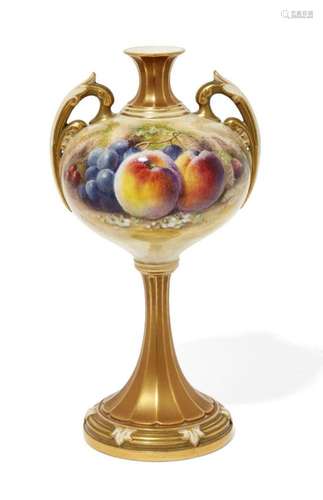 A ROYAL WORCESTER TWIN HANDLED VASE, DATE MARK 1912, OF OVOI...