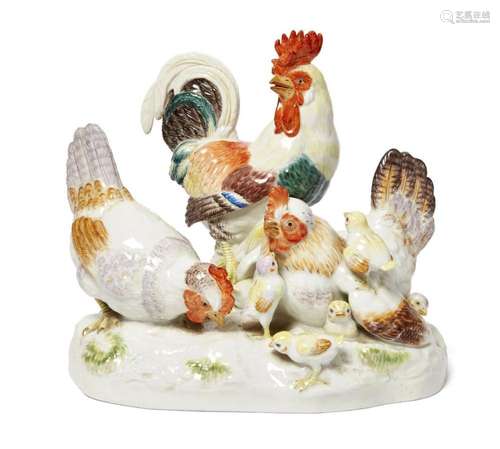 A MEISSEN PORCELAIN GROUP OF CHICKENS, DESIGNED BY AUGST RIN...