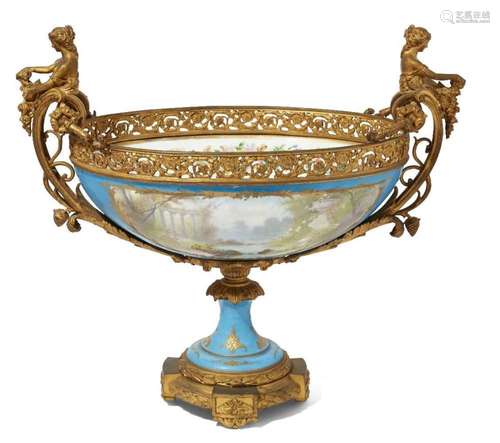 A LARGE FRENCH GILT-BRONZE MOUNTED SEVRES STYLE PORCELAIN BO...