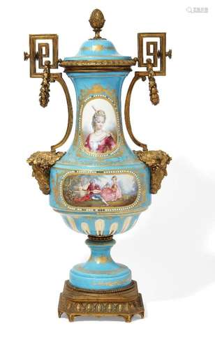 A LARGE FRENCH GILT-BRONZE MOUNTED SEVRES STYLE PORCELAIN UR...