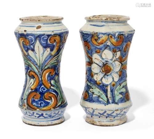 TWO SICILIAN MAIOLICA ALBARELLI, LATE 17TH CENTURY, CALTAGIR...