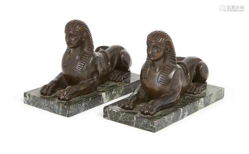 TWO BRONZE MODELS OF SPHINXES, EARLY 20TH CENTURY, EACH MOUN...