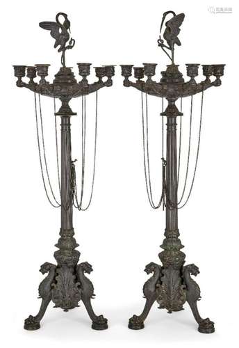 A PAIR OF LARGE FRENCH BRONZE SEVEN-LIGHT CANDELABRA, IN THE...