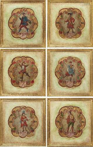 SIX DUTCH PAINTED AND GILT LEATHER PANELS, 19TH CENTURY, FOR...