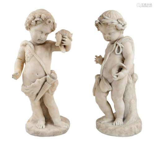 A PAIR OF ITALIAN MARBLE MODELS OF PUTTI, LATE 19TH CENTURY,...