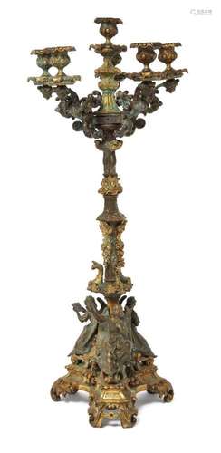 A FRENCH GILT AND PATINATED BRONZE SIX LIGHT CANDELABRUM, 19...