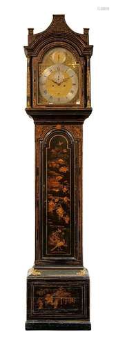 A GEORGE III BLACK JAPANNED LONGCASE CLOCK, DECORATED WITH C...