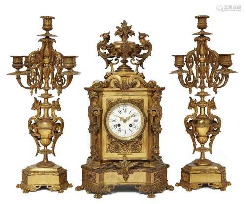 A NAPOLEAN III GILT-BRONZE CLOCK GARNITURE, THIRD QUARTER 19...