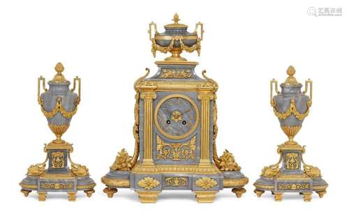 A FRENCH GILT-BRONZE MOUNTED GREY MARBLE CLOCK GARNITURE, LA...