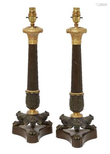 A PAIR OF CHARLES X GILT AND PATINATED BRONZE TABLE LAMPS, C...