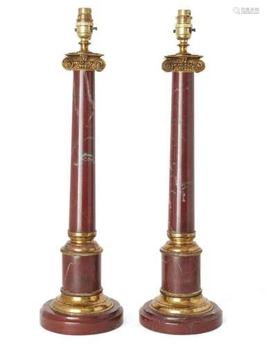 A PAIR OF GILT-BRONZE MOUNTED ROUGE GRIOTTE MARBLE LAMPS, EA...