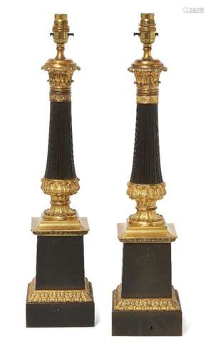 A PAIR OF FRENCH GILT AND PATINATED BRONZE TABLE LAMPS, SECO...