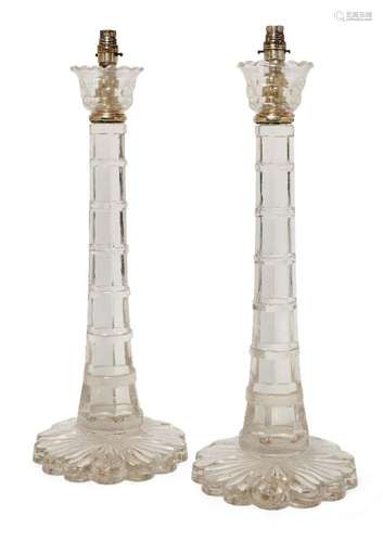 A PAIR OF LARGE CUT GLASS TABLE LAMPS, LATE 20TH CENTURY, TH...