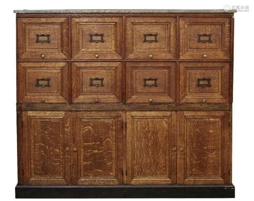 A OAK APOTHECARY CABINET, 19TH CENTURY AND LATER, THE LEADED...