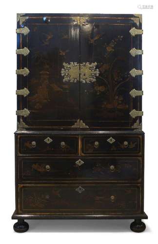 A QUEEN ANNE BLACK JAPANNED CABINET ON CHEST , C.1710, DECOR...