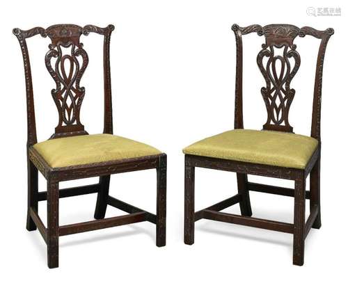 A PAIR OF GEORGE III CARVED MAHOGANY SIDE CHAIRS, POSSIBLY I...