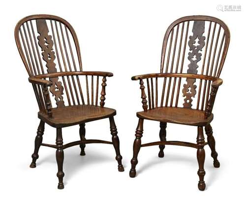 A PAIR OF VICTORIAN YEW WOOD AND ELM WINDSOR ARMCHAIRS, THE ...