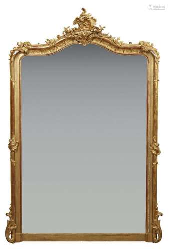 A FRENCH GILT OVERMANTEL MIRROR IN LOUIS XV STYLE WITH CARTO...