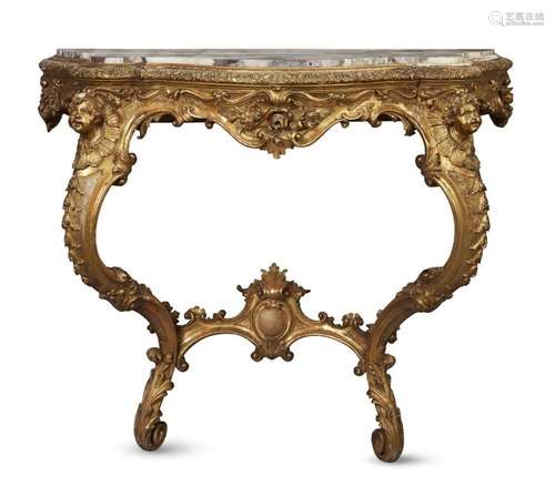 A LOUIS XV STYLE GILTWOOD CONSOLE TABLE WITH MARBLE TOP, C.1...