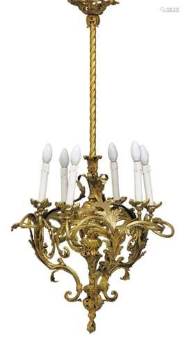 A FRENCH GILT-BRONZE SIX-LIGHT CHANDELIER, FIRST HALF 20TH C...