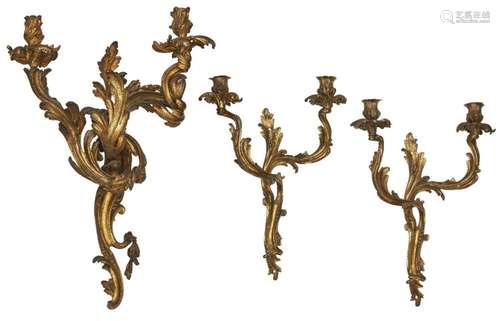 A LARGE GILT-BRONZE LOUIS XV STYLE TWIN-LIGHT WALL APPLIQUE,...