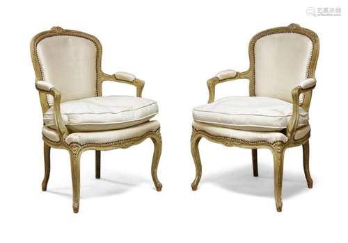 A PAIR OF 19TH CENTURY FAUTEUILS, CREAM UPHOLSTERED BACKS AN...