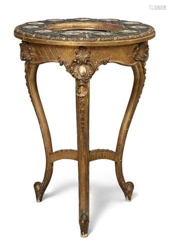 A FRENCH GILTWOOD TABLE, MID 19TH CENTURY, ON THREE SHAPED L...