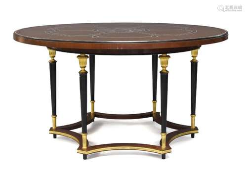 A CONTINENTAL STYLE MAHOGANY AND EBONISED CENTRE TABLE, LATE...