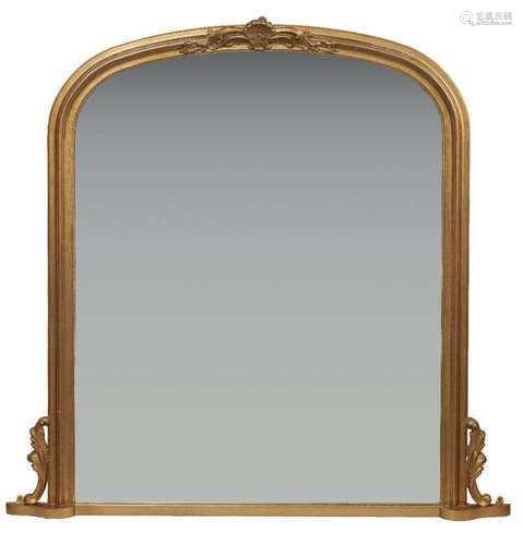 A GILTWOOD OVERMANTEL MIRROR, WITH ARCHING PLATE WITHIN A SI...