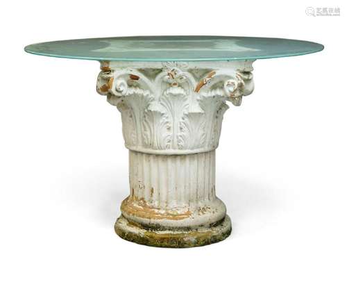 A WHITE PAINTED TERRACOTTA CORINTHIAN COLUMN CAPITAL TABLE, ...