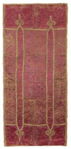 AN ITALIAN COMPOSITE CRIMSON BROCATELLE SILK AND LINEN PANEL...