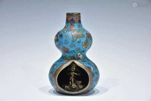 A RARE CLOISONNE ENAMEL GOURD AND GILT-COPPER BUDDHA QING DY...