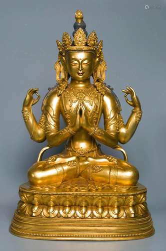 A GILT-COPPER FIGURE OF SHADAKSHARI LOKESHVARA QING DYNASTY