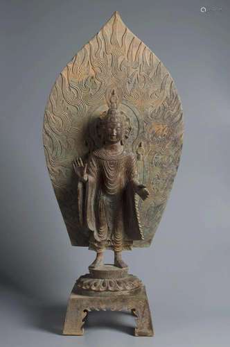 A LARGE VERY PRECIOUS AND RARE BRONZE FIGURE OF SHAKYAMUNI B...