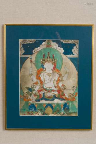 A FOUR-ARMS AVALOKITESVARA BODHISATTVA THANGKA TIBET QING DY...