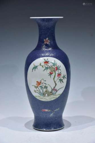 A FAMILLE-ROSE DECORATED BLUE-GLAZED VASE REPUBLIC OF CHINA