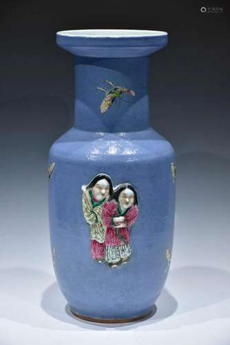 A FAMILLE-ROSE DECORATED BLUE-GLAZED VASE REPUBLIC OF CHINA