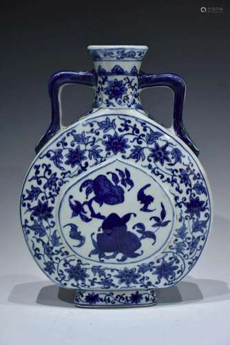 A BLUE AND WHITE â€œPEONY SCROLLâ€ BAOYUE BOTTLE QING DYNAST...