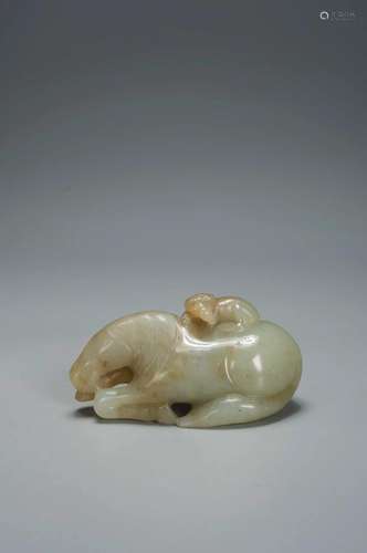 A GREENISH-WHITE JADE HORSE AND MONKEY QING DYNASTY