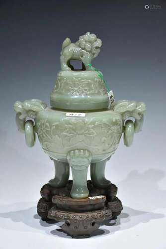 A GREENISH-GREY JADE TRIPOD CENSER AND WOOD BASE LATE QING D...