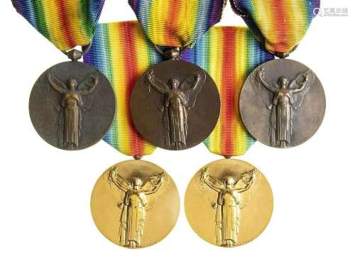 FRANCE LOT OF FIVE INTERALLED VICTORY MEDALS BRONZE, GOLDEN ...