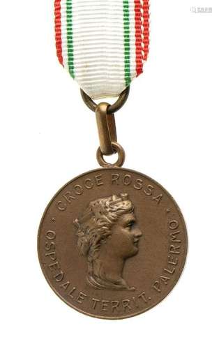 ITALY, KINGDOM CRI MEDAL HOSPITAL OF PALERMO BRONZE, ENAMELS...