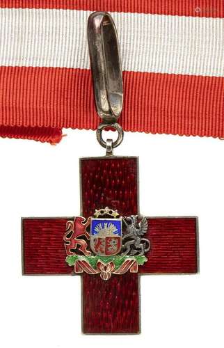 LATVIA ORDER OF THE RED CROSS, 1. CLASS. GILT SILVER, ENAMEL...